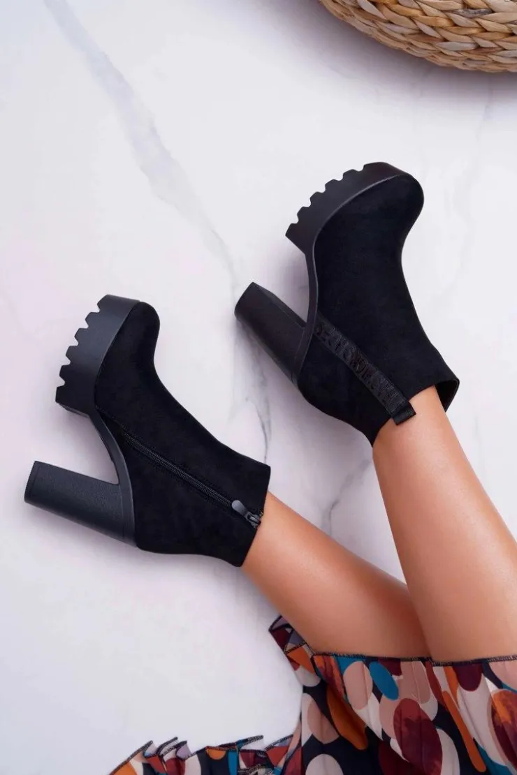 Boto Botki Na Słupku|Botki Zimowe Damskie*Botki Damskie na Słupku Platforma Zamszowe Czarne Estacado