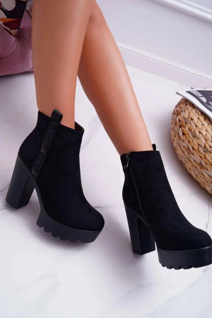 Boto Botki Na Słupku|Botki Zimowe Damskie*Botki Damskie na Słupku Platforma Zamszowe Czarne Estacado