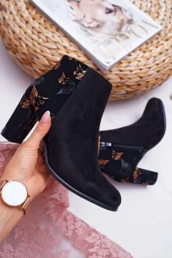 Outlet Buty Sergio Leone Botki Damskie Na Słupku Sergio Leone W Złote Kwiaty Folk Czarne Eros2