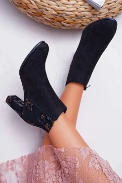 Outlet Buty Sergio Leone Botki Damskie Na Słupku Sergio Leone W Złote Kwiaty Folk Czarne Eros2