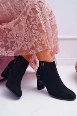 Outlet Buty Sergio Leone Botki Damskie Na Słupku Sergio Leone W Złote Kwiaty Folk Czarne Eros2