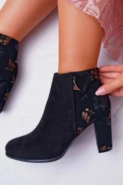 Outlet Buty Sergio Leone Botki Damskie Na Słupku Sergio Leone W Złote Kwiaty Folk Czarne Eros2