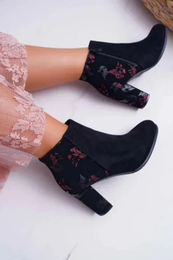 Buty Sergio Leone Botki Na Słupku|Botki Zimowe Damskie*Botki Damskie Na Słupku Sergio Leone W Różowe Kwiaty Folk Czarne Eros2