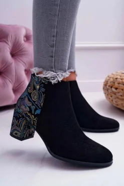 Damskie Buty Sergio Leone Botki Damskie Na Słupku Sergio Leone W Kwiaty Folk Czarne Eros2