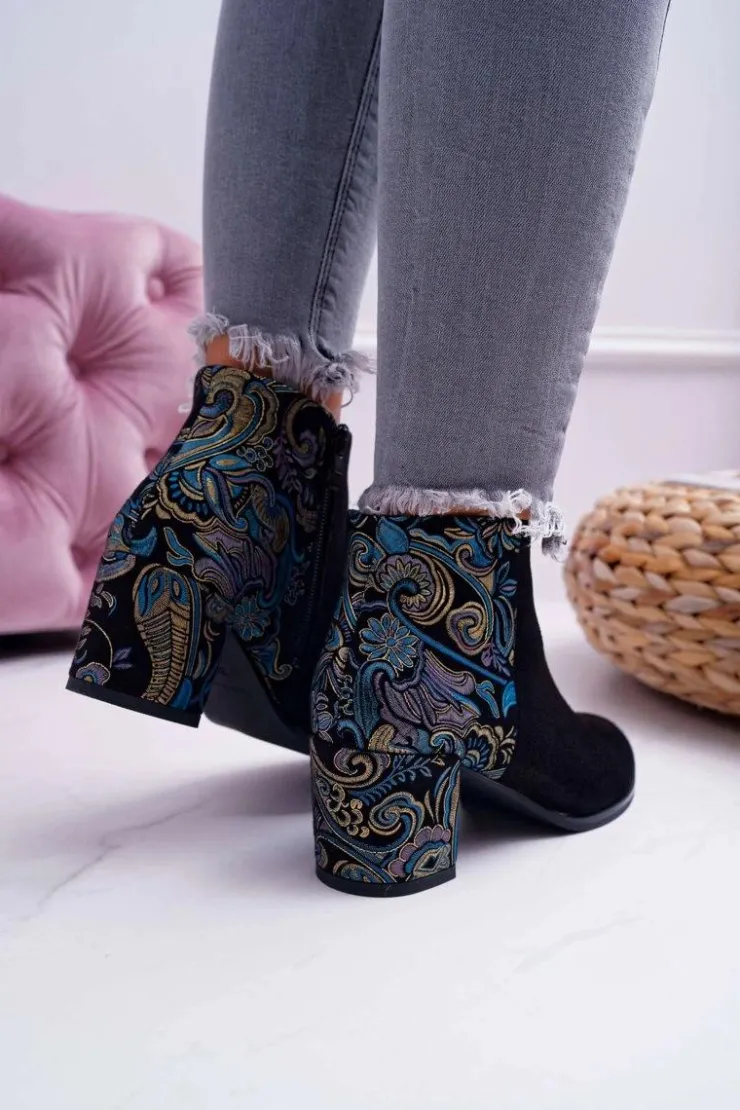 Damskie Buty Sergio Leone Botki Damskie Na Słupku Sergio Leone W Kwiaty Folk Czarne Eros2