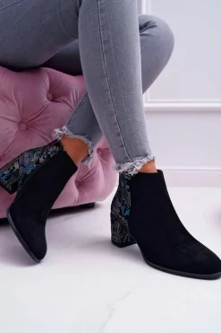 Damskie Buty Sergio Leone Botki Damskie Na Słupku Sergio Leone W Kwiaty Folk Czarne Eros2