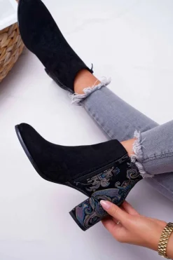 Damskie Buty Sergio Leone Botki Damskie Na Słupku Sergio Leone W Kwiaty Folk Czarne Eros2