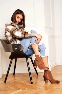 Damskie Boto Botki Damskie Na Słupku Skórzane Welurowe Kowbojki Exquisite Brązowe 1170