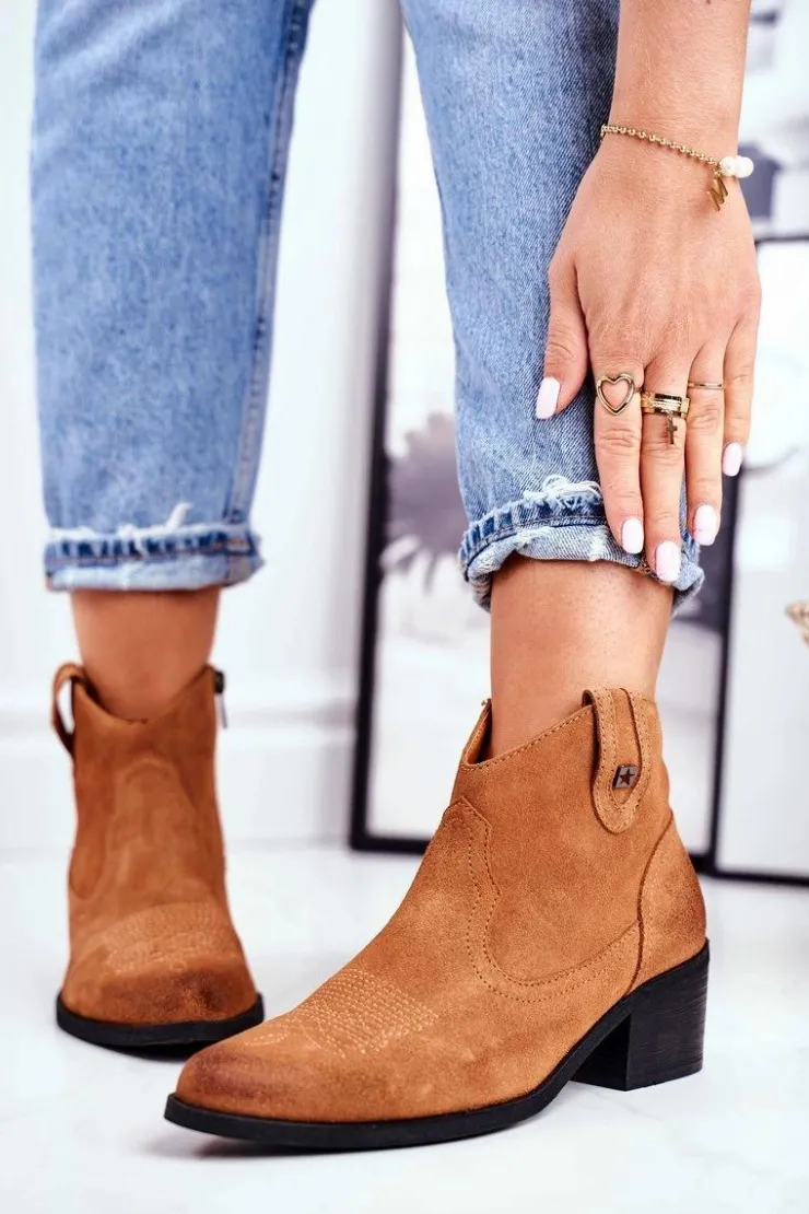 New Big Star Shoes Botki Damskie Na Słupku Skórzane Big Star Camel GG274330