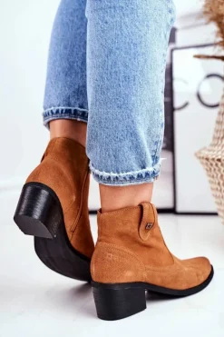 New Big Star Shoes Botki Damskie Na Słupku Skórzane Big Star Camel GG274330