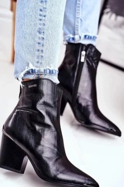 Big Star Shoes Botki Na Słupku|Czarne Botki*Botki Damskie Na Słupku Skórzane Big Star Czarne GG274919