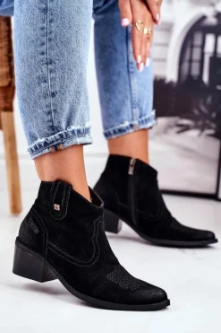 Damskie Big Star Shoes Botki Damskie Na Słupku Skórzane Big Star Czarne GG274329