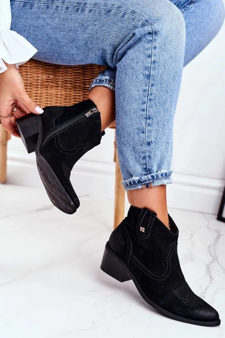 Damskie Big Star Shoes Botki Damskie Na Słupku Skórzane Big Star Czarne GG274329