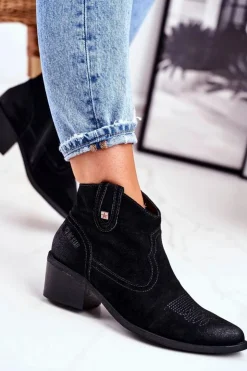 Damskie Big Star Shoes Botki Damskie Na Słupku Skórzane Big Star Czarne GG274329