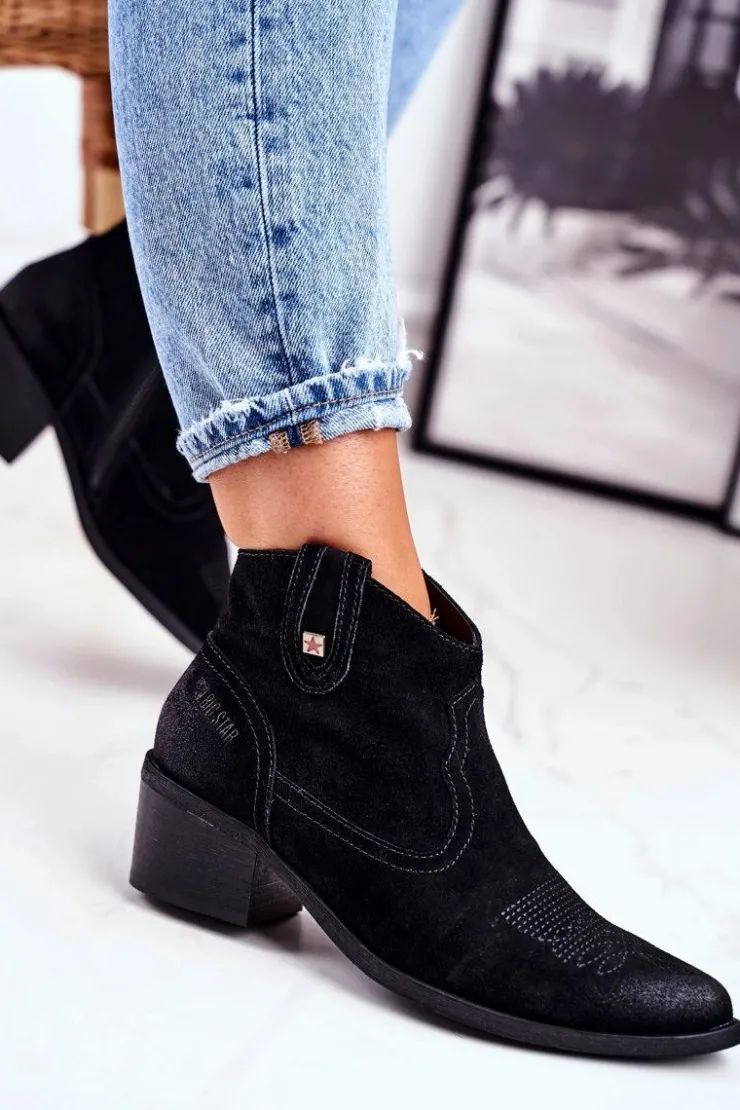 Damskie Big Star Shoes Botki Damskie Na Słupku Skórzane Big Star Czarne GG274329