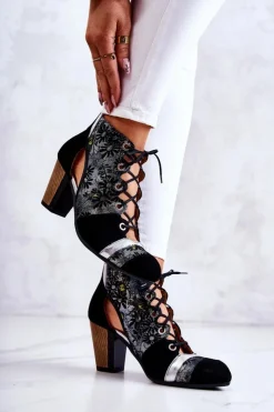 Best Maciejka Botki Damskie Na Słupku Skórzane Wiosenne 03938-01 Czarne