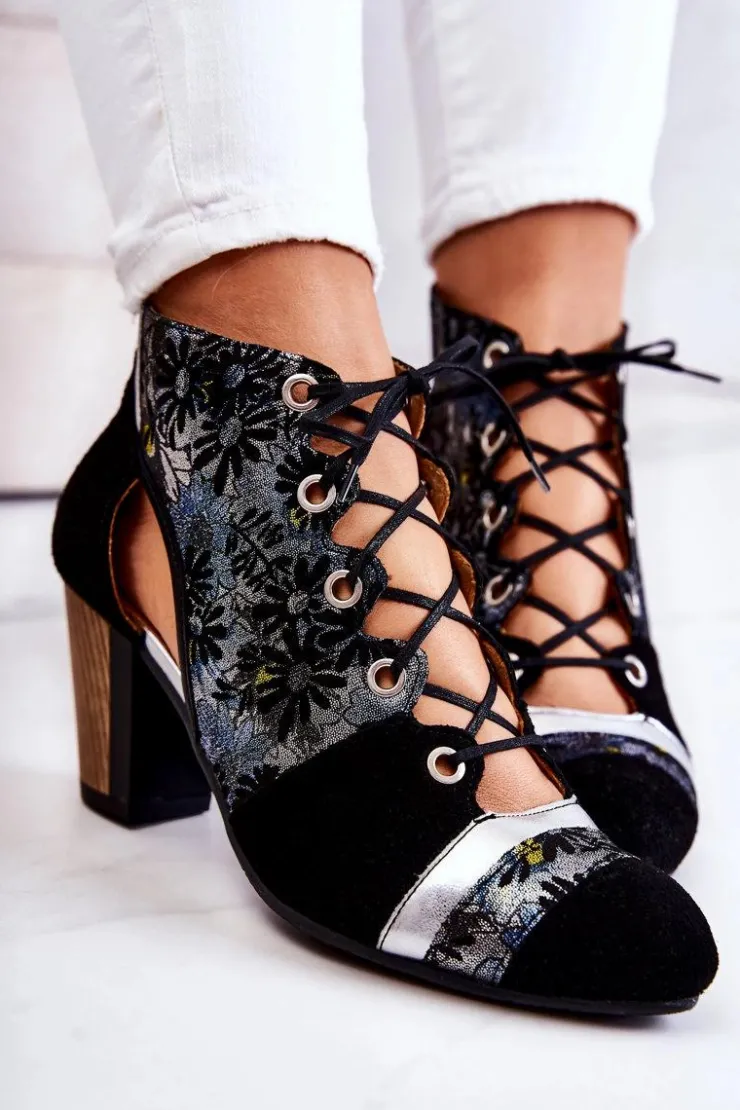 Best Maciejka Botki Damskie Na Słupku Skórzane Wiosenne 03938-01 Czarne