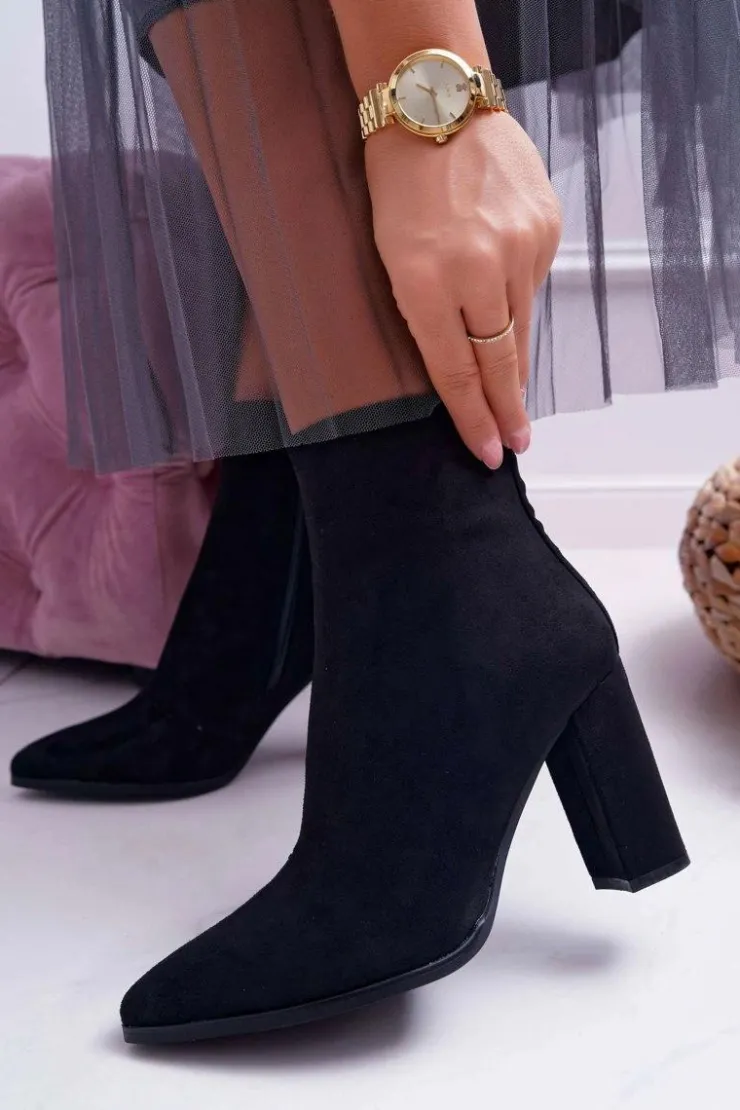 Clearance Boto Botki Damskie Na Słupku Suwak W Szpic Zamszowe Czarne Ferol