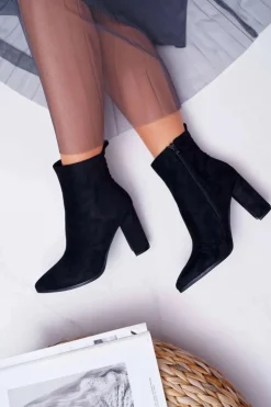 Clearance Boto Botki Damskie Na Słupku Suwak W Szpic Zamszowe Czarne Ferol