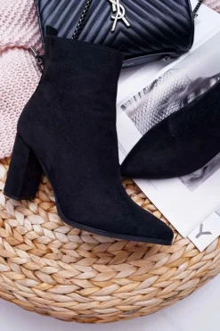 Clearance Boto Botki Damskie Na Słupku Suwak W Szpic Zamszowe Czarne Ferol