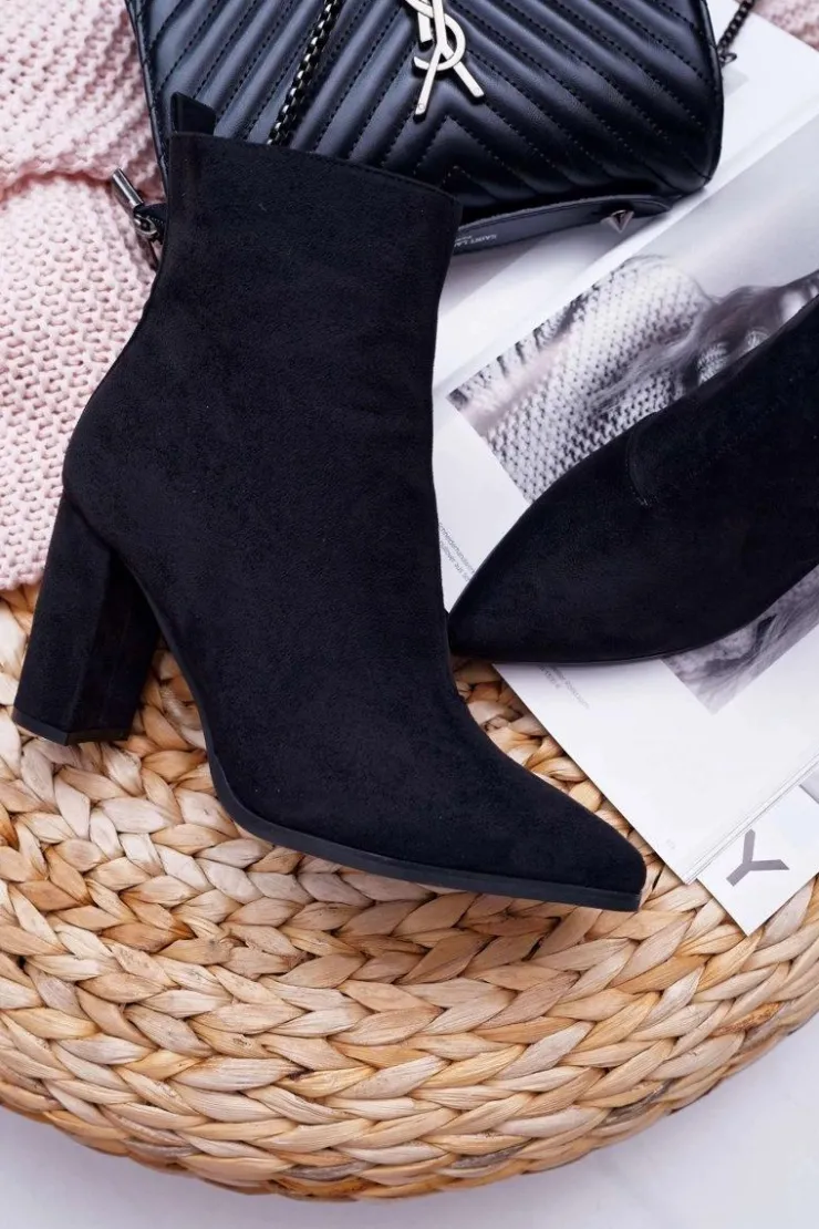 Clearance Boto Botki Damskie Na Słupku Suwak W Szpic Zamszowe Czarne Ferol