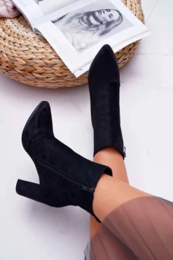 Clearance Boto Botki Damskie Na Słupku Suwak W Szpic Zamszowe Czarne Ferol