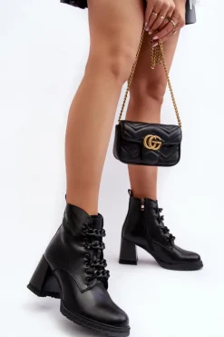 Outlet Damskie buty S.Barski Botki Damskie Na Słupku Sznurowane D&A CR8120 Czarne