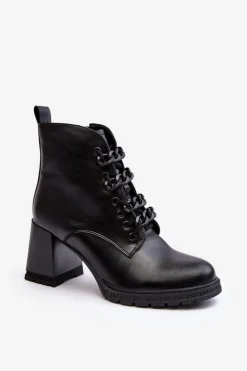 Outlet Damskie buty S.Barski Botki Damskie Na Słupku Sznurowane D&A CR8120 Czarne