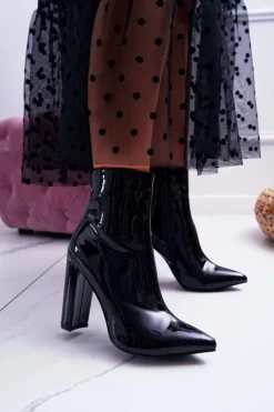 Discount Boto Botki Damskie Na Słupku W Szpic Lakierowane Czarne Demens