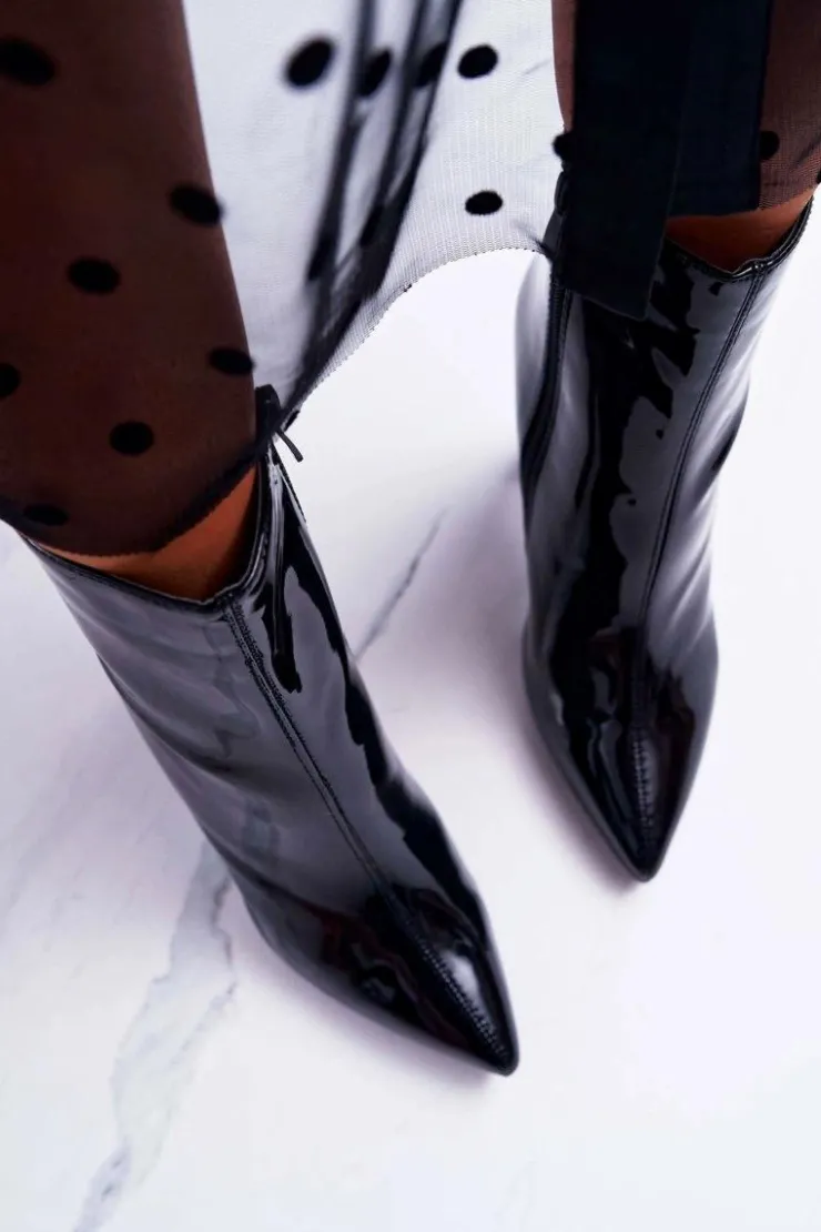 Discount Boto Botki Damskie Na Słupku W Szpic Lakierowane Czarne Demens