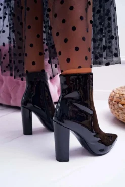 Discount Boto Botki Damskie Na Słupku W Szpic Lakierowane Czarne Demens