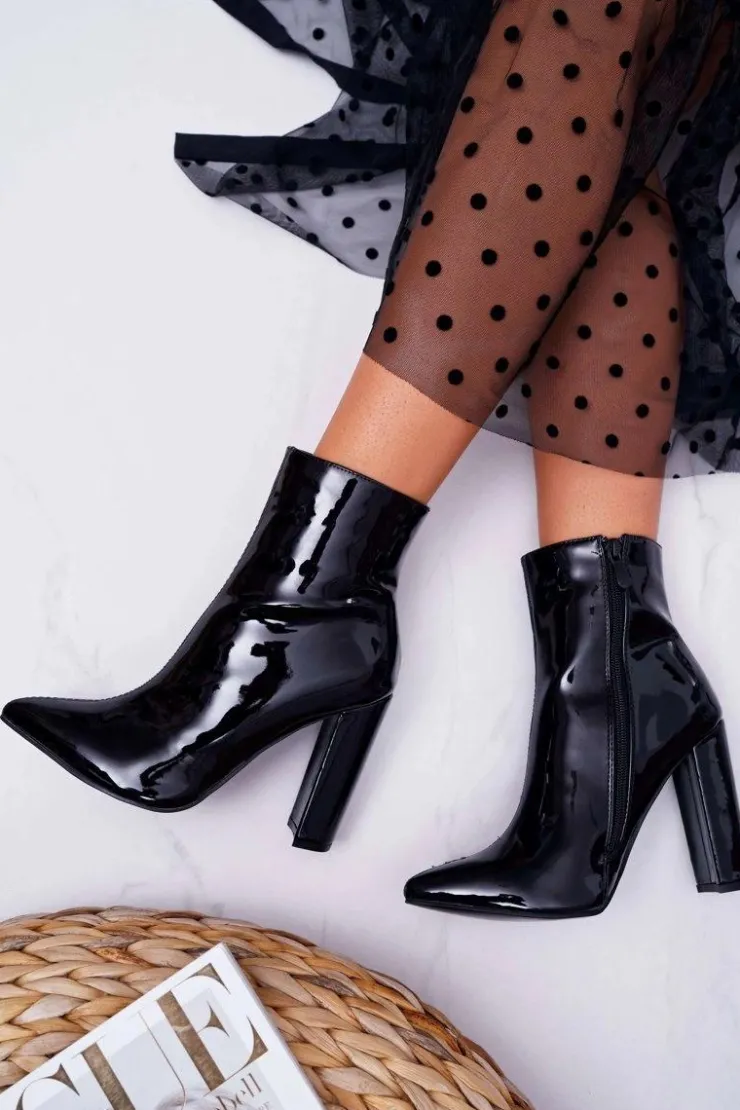 Discount Boto Botki Damskie Na Słupku W Szpic Lakierowane Czarne Demens