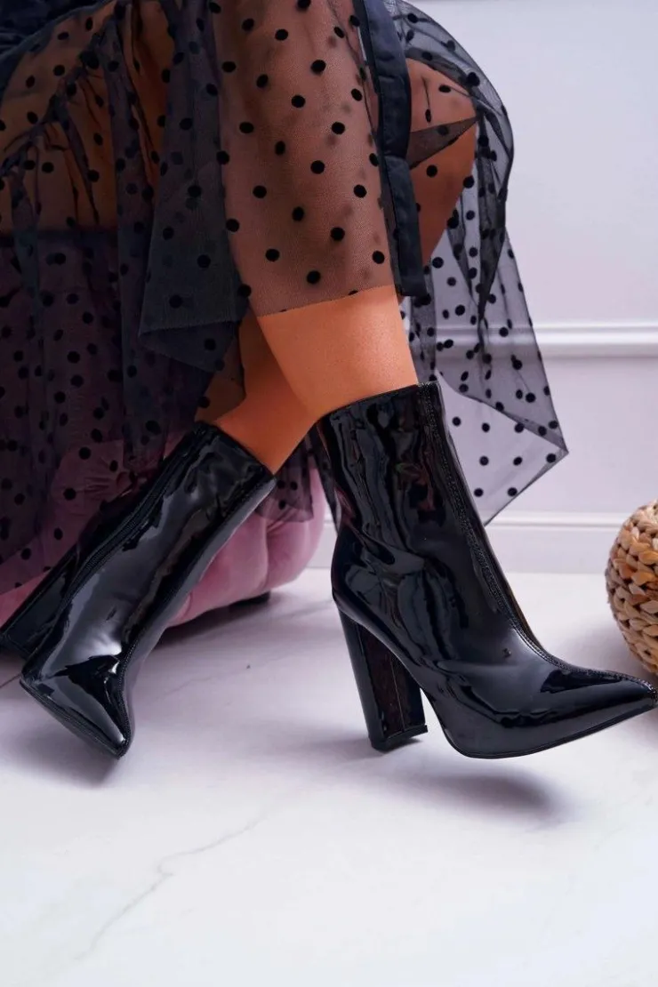 Discount Boto Botki Damskie Na Słupku W Szpic Lakierowane Czarne Demens