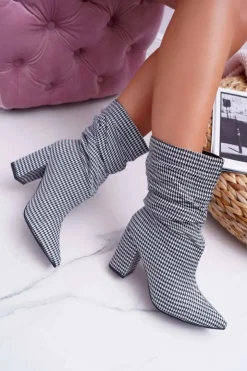 Damskie Boto Botki Damskie Na Słupku w Pepitkę Biało Czarne Vibe