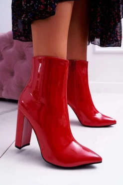 Damskie Boto Botki Damskie Na Słupku W Szpic Lakierowane Czerwone Demens