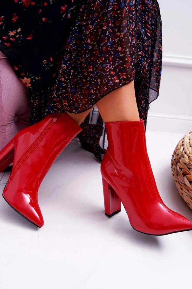 Damskie Boto Botki Damskie Na Słupku W Szpic Lakierowane Czerwone Demens
