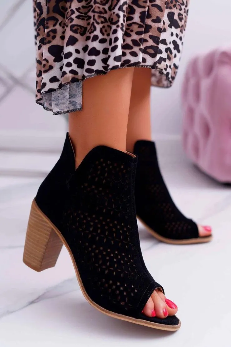 Damskie Boto Botki Damskie Na Słupku Wiosenne Czarne Matty2