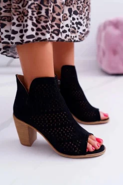 Damskie Boto Botki Damskie Na Słupku Wiosenne Czarne Matty2