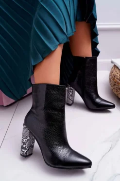 Boto Botki Na Słupku|Botki Na Obcasie*Botki Damskie Na Słupku Wężowy Motyw Czarne Vernel