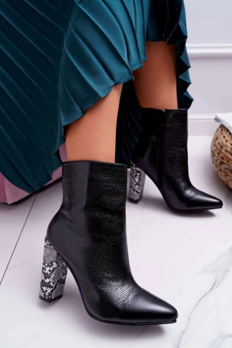 Boto Botki Na Słupku|Botki Na Obcasie*Botki Damskie Na Słupku Wężowy Motyw Czarne Vernel