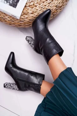 Boto Botki Na Słupku|Botki Na Obcasie*Botki Damskie Na Słupku Wężowy Motyw Czarne Vernel