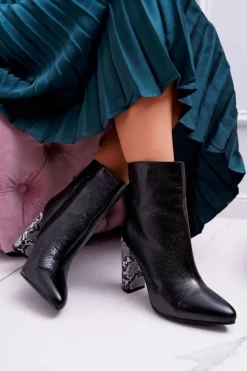 Boto Botki Na Słupku|Botki Na Obcasie*Botki Damskie Na Słupku Wężowy Motyw Czarne Vernel