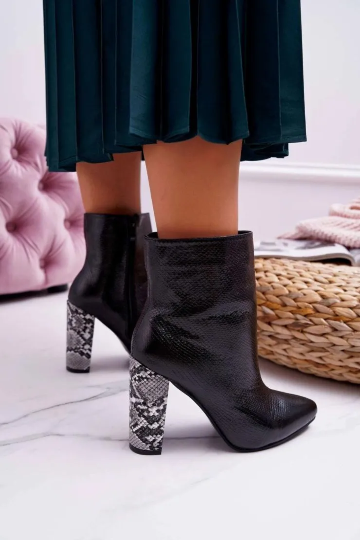 Boto Botki Na Słupku|Botki Na Obcasie*Botki Damskie Na Słupku Wężowy Motyw Czarne Vernel