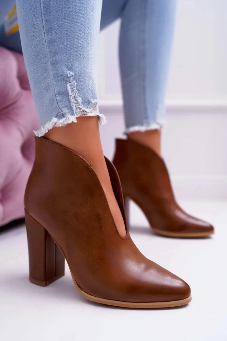 Boto Botki Na Słupku|Botki Zimowe Damskie*Botki Damskie Na Słupku Wsuwane z Wycięciami Brązowe Mantana