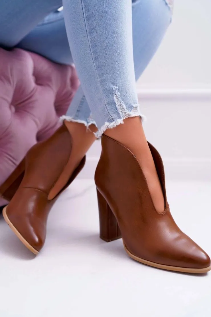 Boto Botki Na Słupku|Botki Zimowe Damskie*Botki Damskie Na Słupku Wsuwane z Wycięciami Brązowe Mantana