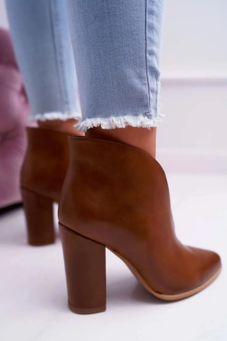 Boto Botki Na Słupku|Botki Zimowe Damskie*Botki Damskie Na Słupku Wsuwane z Wycięciami Brązowe Mantana