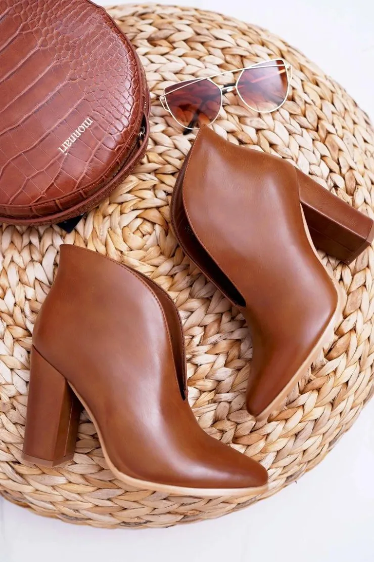 Boto Botki Na Słupku|Botki Zimowe Damskie*Botki Damskie Na Słupku Wsuwane z Wycięciami Brązowe Mantana