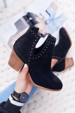 Boto Botki Damskie Na Słupku Wsuwane z Wycięciami Czarne ManiMani