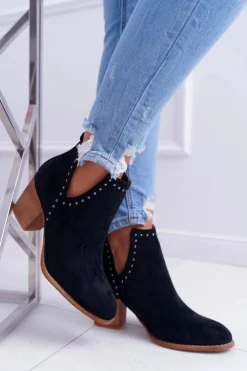 Boto Botki Damskie Na Słupku Wsuwane z Wycięciami Czarne ManiMani