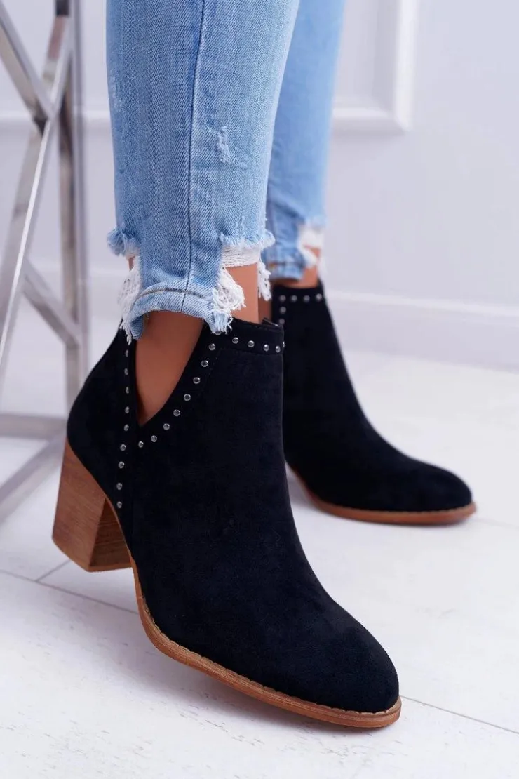 Boto Botki Damskie Na Słupku Wsuwane z Wycięciami Czarne ManiMani